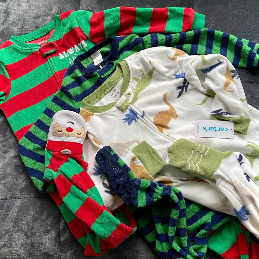 Bundle of 3 Winter Footie Pajamas Carter and Gap. 1 is Brand new -all SUPER SOFT